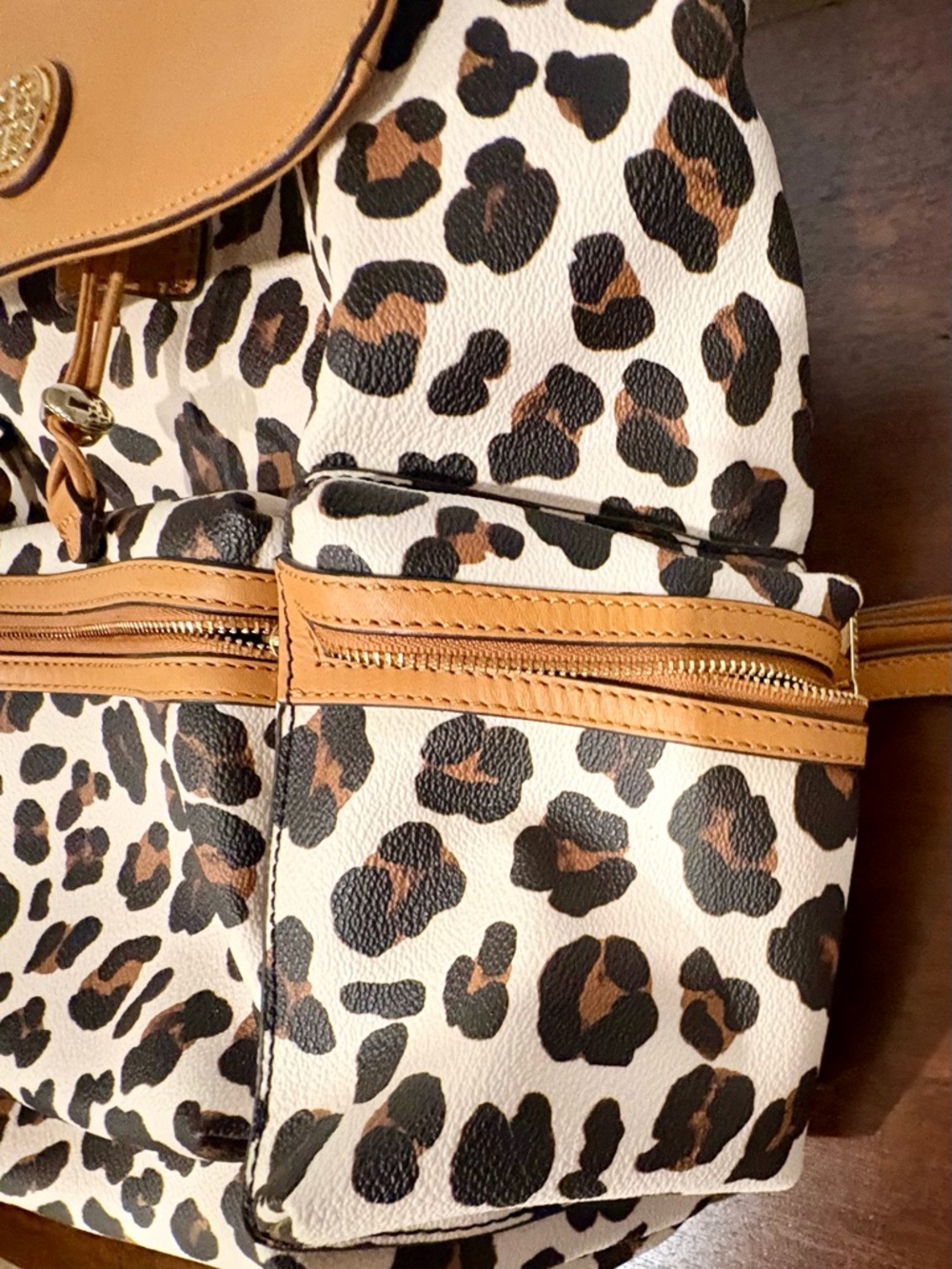 Tory Burch Leopard Print Drawstring Backpack with Tan Trim - Picture 4 of 7